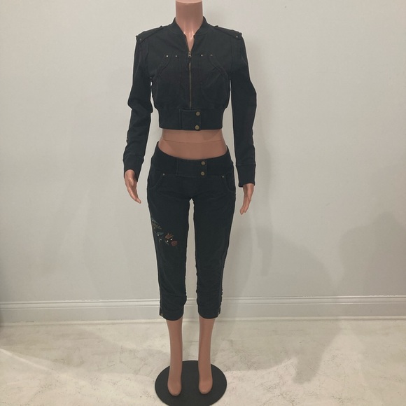 Tokyo Denim Bank ~ Black Embroidered Zip Up Jogging Suit Medium - Picture 3 of 16